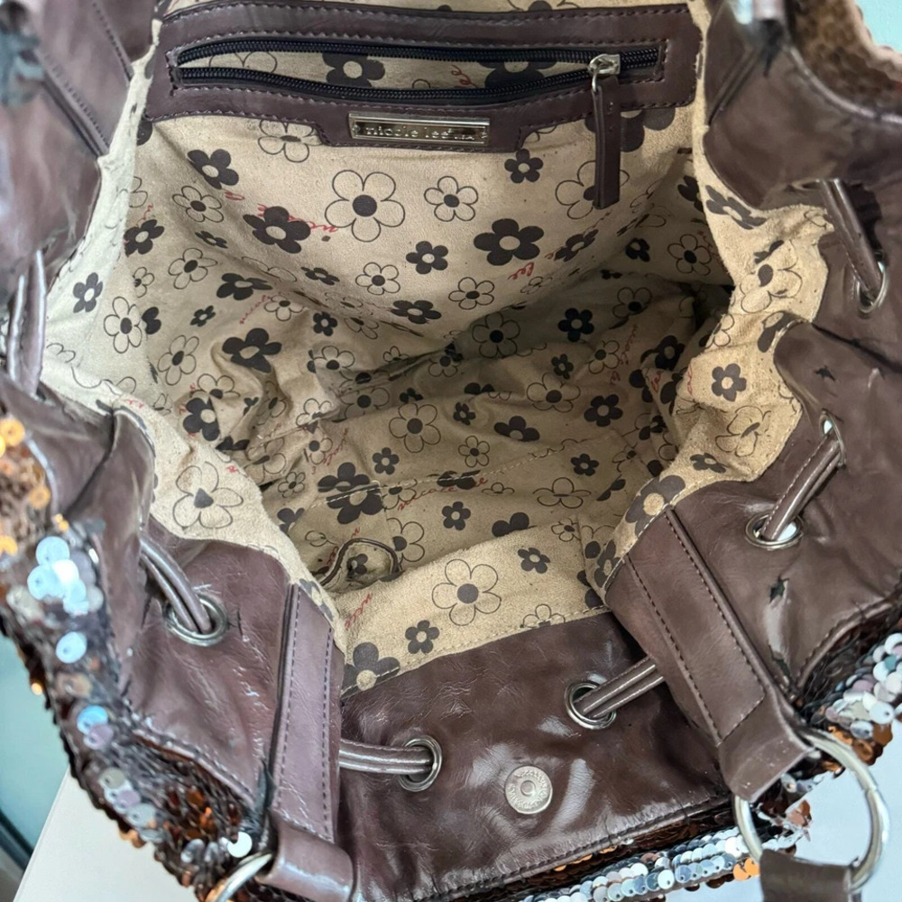 NICOLE LEE  USA Shoulder Satchel Bag Golden Sequins Embellished Drawstring Brown - Picture 10 of 15